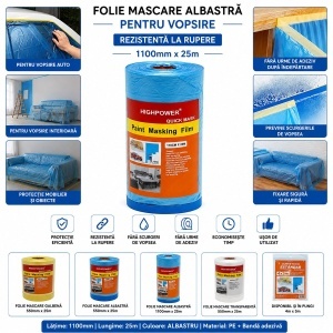 Folie protectie vopsit si zugravit cu banda adeziva albastra 1100mm x 25m HighPower - Img 4