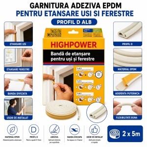 Garnitura etansare usi si ferestre alba autoadeziva 10m, profil D 3-7mm, EPDM HighPower - Img 3