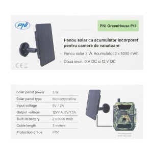 Incarcator solar PNI GreenHouse P13 iesire 6V si 12V, 3W, acumulator Li-Ion 5200 mAh, IP66 pentru camere de vanatoare - Img 7