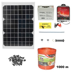 Kit complet gard electric 12V 14 Joule cu panou solar 30W lungime fir 1000m, 100 izolatori, kit poarta, regulator tensiune 10A si baterie 12V/17Ah Breckner Germany