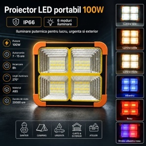 Proiector LED portabil 100W cu panou solar 1.5W, baterie 3600mAh, 6 moduri de iluminare, magnet, carlig, USB Power Bank 210x170x55mm Breckner Germany - Img 7