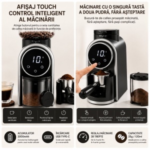 Rasnita electrica de cafea automata 150W, 220V, reglaj macinare 25 trepte, afisaj digital touch, bavuri conice, recipient boabe 250g - Img 7