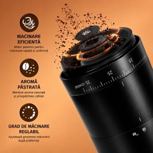 Rasnita electrica de cafea portabila cu acumulator 2000mAh, 30W, reglaj macinare 38 trepte, capacitate 25g/120ml, reincarcabila USB Type-C - Img 6