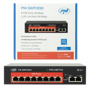 Switch POE PNI SWPOE82, 8 porturi POE 100 Mbps si 2 porturi UP Link 100 Mbps, 120W, functie AI Extend pana la 250m, protectie fulger 4kV - Img 3