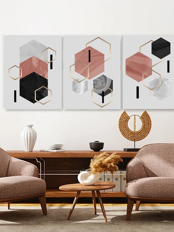 Set 3 Tablouri - Abstract hegones with pink and gold