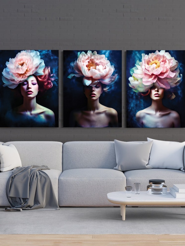 Set 3 Tablouri Canvas „Peony Ladies” - “Femei cu bujori”