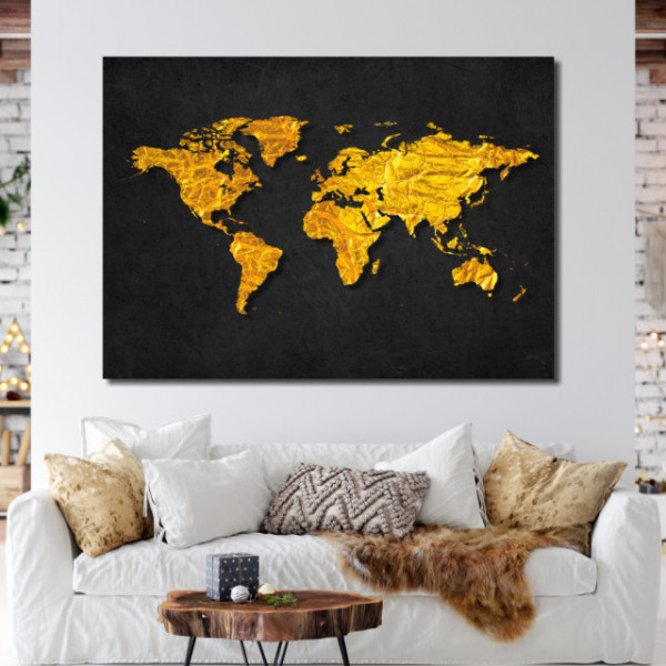 Tablou Harta Lumii aspect auriu sifonat pe fundal negru zgariat