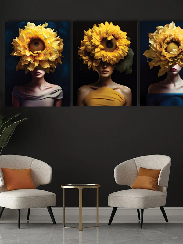 Set 3 Tablouri Canvas „Yellow Bloom Ladies” - Femei cu flori galbene