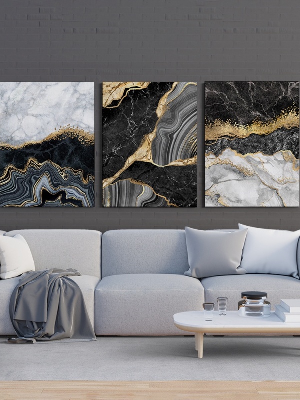 Set 3 Tablouri - Grey and black marble with golden stripes
