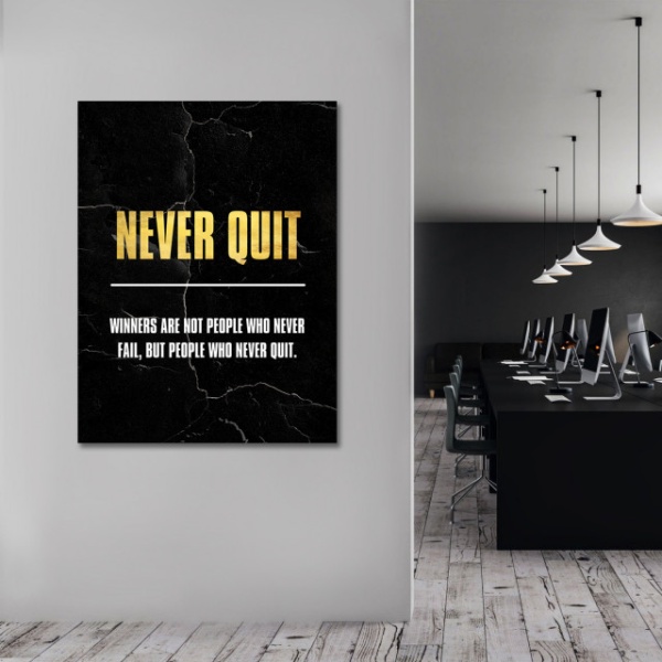 Tablou Motivational - Never give up (gold)