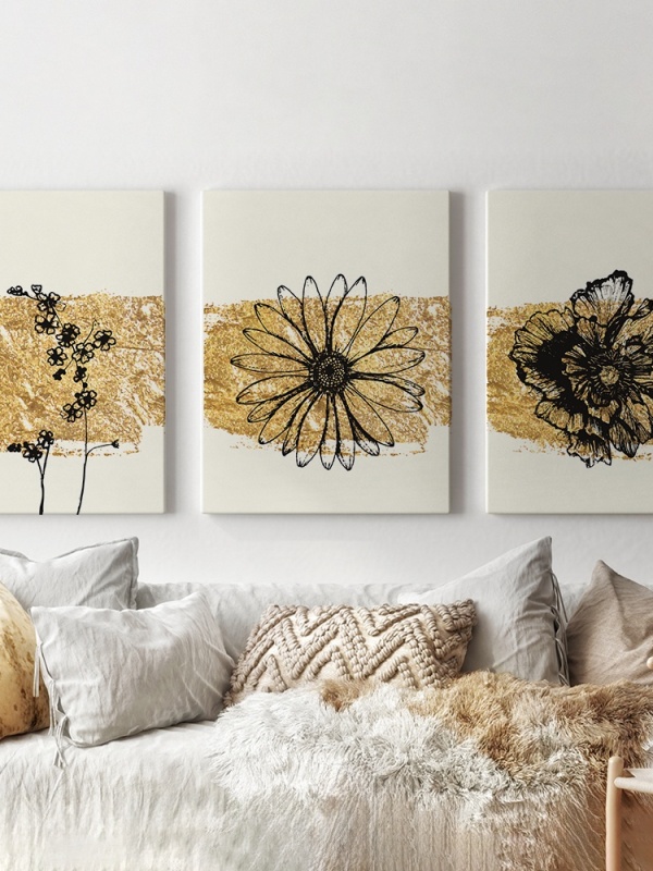 Set 3 Tablouri - Floral elements and golden patches