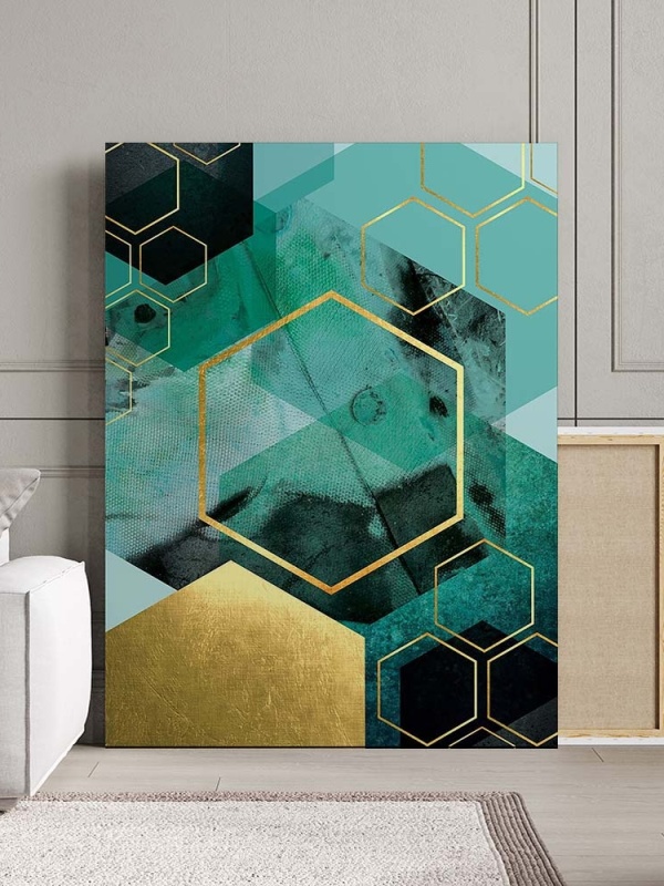 Tablou Canvas Modern Abstract - Green canvas texture and golden patches