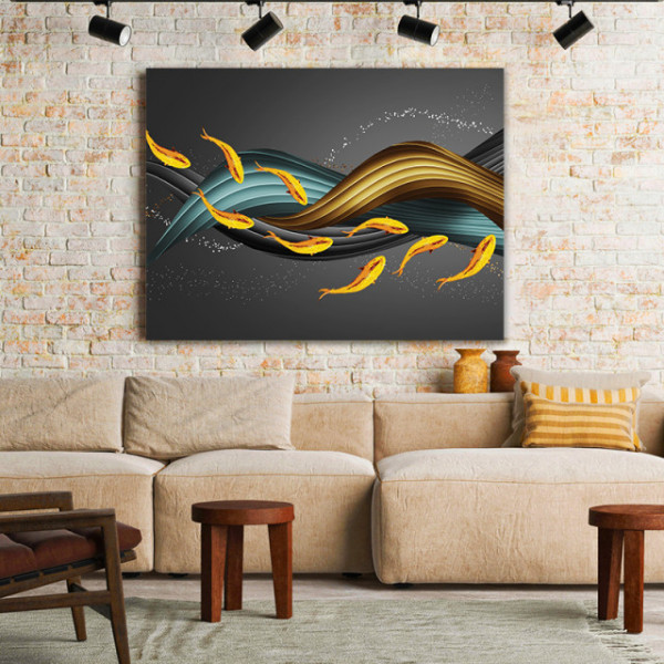 Tablou Canvas Golden Fishes And 3d Waves