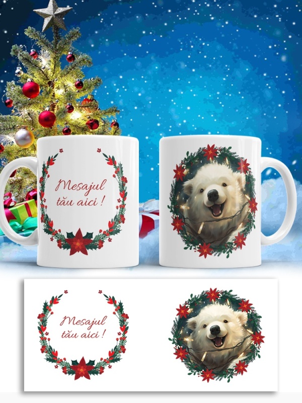 Cana De Craciun - Urs polar cu beculete (mesaj personalizat)