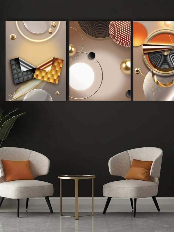 Set 3 Tablouri Canvas - 3D Set with metalic abstract shapes