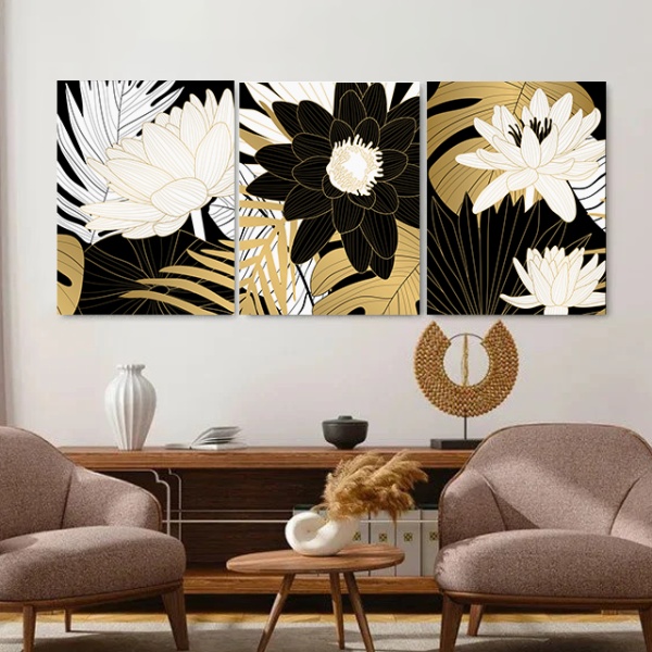 Set 3 Tablouri Canvas - White and golden floral