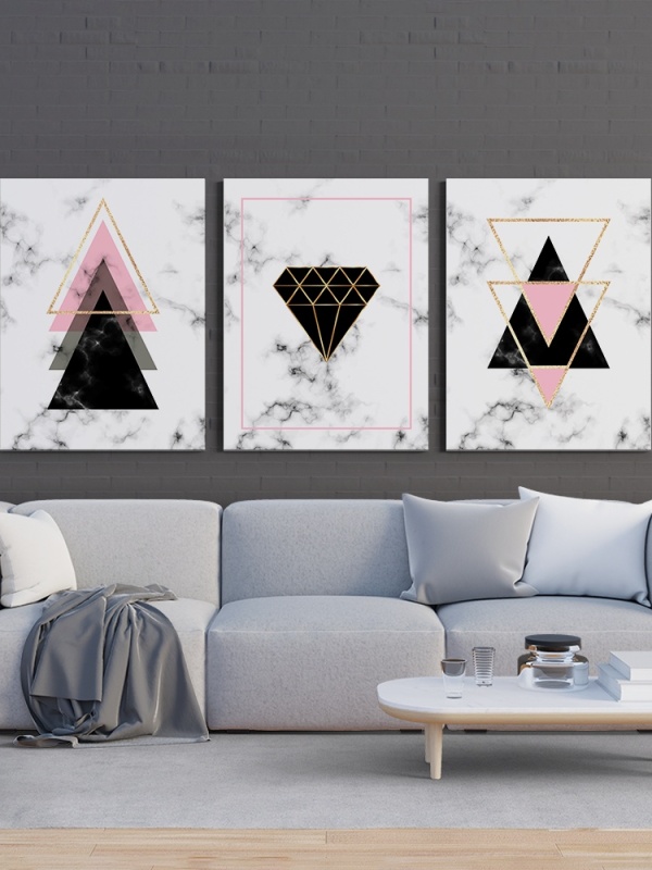 Set 3 Tablouri - Minimalist triangles on marble