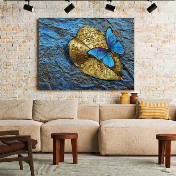 Tablou Canvas Blue Butterfly On A Golden Leaf