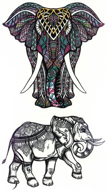Tatuaj Temporar - Elefant Cu Elemente Tribale Si Design Indian - 17x10cm