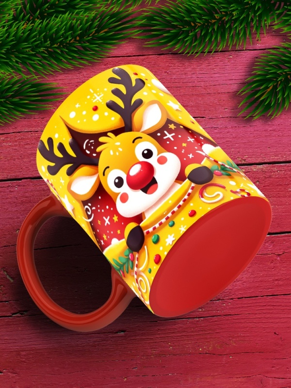 Cana De Craciun - Reindeer with Decorations on Yellow