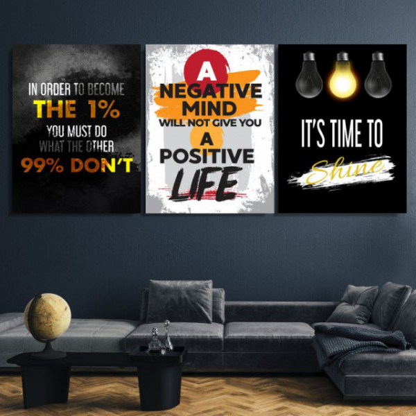 Pachet tablouri canvas motivationale - set 3 tablouri Negative, Time to shine and 1%