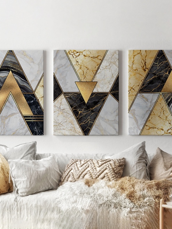 Set 3 Tablouri - Modern marble triangles with gold