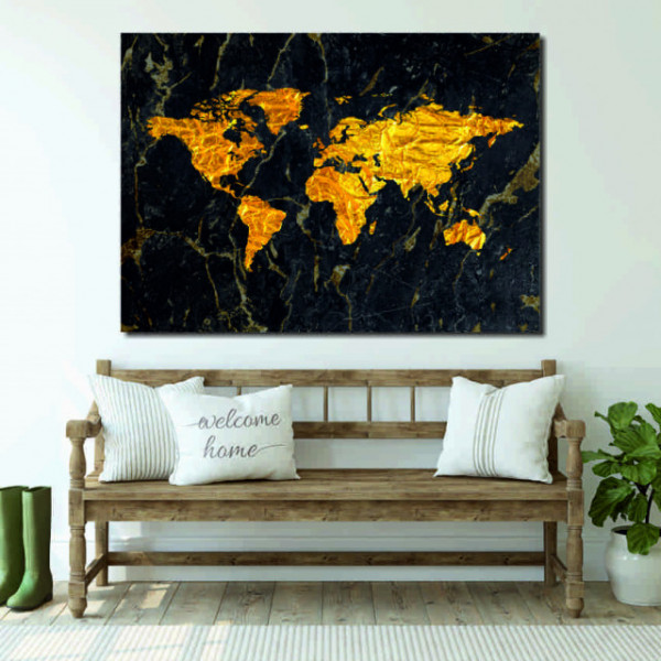 Tablou Harta Lumii aspect auriu sifonat pe marble