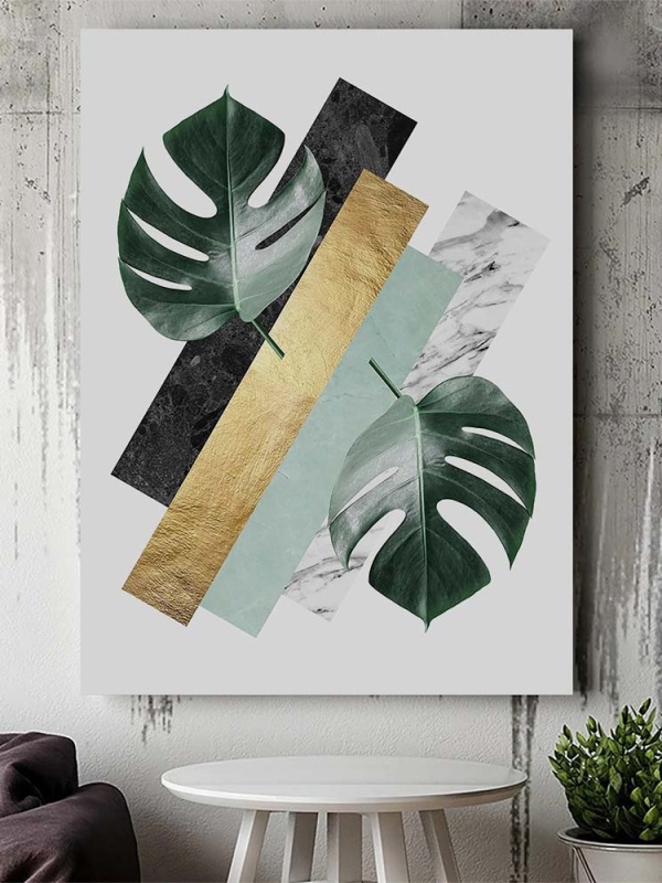 Tablou Canvas Modern Abstract - Exotic leaves in green and gold