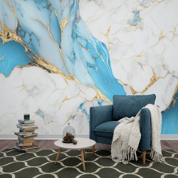 Fototapet Imitatie Marmura Bleu Pastel cu Insertii Aurii 091