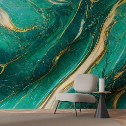 Fototapet Imitatie Marmura Verde Albastru cu Insertii Aurii 097