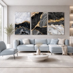 Set 3 Tablouri - Grey and black marble with golden stripes