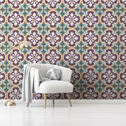 Fototapet Imitatie Faianta - Elemente florale stilizate mov si verzi (Tile 042)