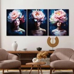 Set 3 Tablouri Canvas „Peony Ladies” - “Femei cu bujori” - Img 2