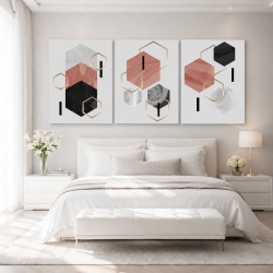 Set 3 Tablouri - Abstract hexagones with pink and gold