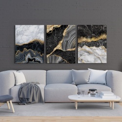 Set 3 Tablouri - Grey and black marble with golden stripes - Img 1