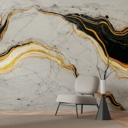 Fototapet Imitatie Marmura Lux Alba cu Insertii Aurii si Negre 064
