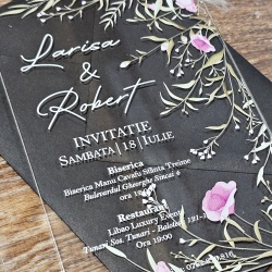 Invitatie plexi transparent 2mm - 10x15cm si plic negru set 20buc - Img 2