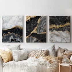 Set 3 Tablouri - Grey and black marble with golden stripes - Img 3