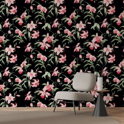 Fototapet Floral - Crini imperiali roz pe fundal negru (Floral 083)