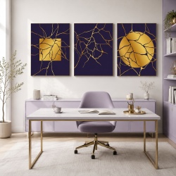 Set 3 Tablouri - Golden cracks on deep purple