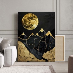 Tablou Canvas Modern Abstract - Peisaj cu luna si munti aurii - Img 2