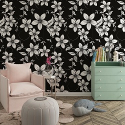 Fototapet Floral - Flori stilizate albe pe fundal negru (Floral 003) - Img 2