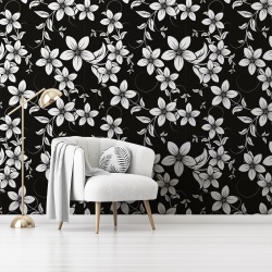 Fototapet Floral - Flori stilizate albe pe fundal negru (Floral 003)