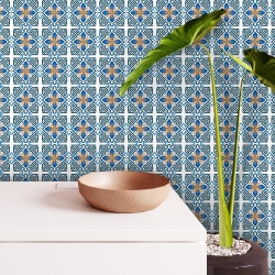 Fototapet Imitatie Faianta - Flori stilizate cu albastru si galben (Tile 028)