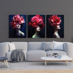 Set 3 Tablouri Canvas „Red Peony Ladies” - “Femei cu bujori roșii” - Img 3