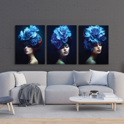 Set 3 Tablouri Canvas "Blue flowers ladies" - Femei cu flori albastre