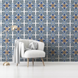 Fototapet Imitatie Faianta - Flori stilizate cu albastru si galben (Tile 028) - Img 4