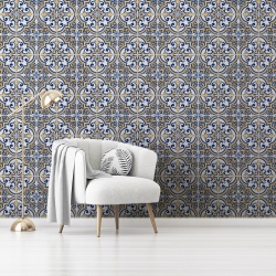 Fototapet Imitatie Faianta - Placi cu ornamente in galben si albastru (Tile 033)