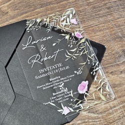 Invitatie plexi transparent 2mm - 10x15cm si plic negru set 20buc - Img 5