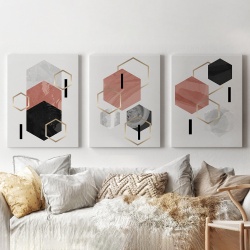 Set 3 Tablouri - Abstract hexagones with pink and gold - Img 3